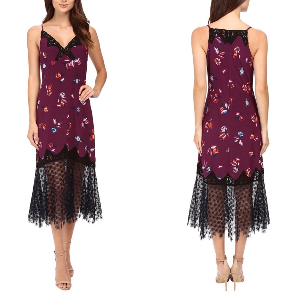 Rebecca Taylor Bellflower Floral Print Plum Slip Romantic Midi Dress Size 10